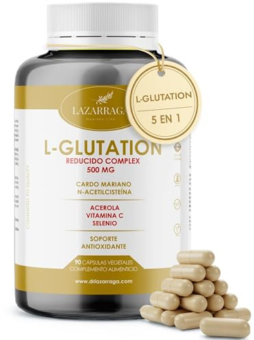 GLUTATIÓN COMPLEX 5 EN 1 | 500 mg Reducido al 98% con NAC N-Acetil-Cisteína + Cardo Mariano + Vitamina C + Selenio | Soporte Antioxidante | 90 Cápsulas Veganas | 1 Mes Suministro | Lazarraga
