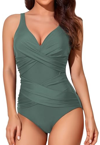Smismivo Tummy Control Swimsuits for Women Slimming One Piece Bathing Suit Modest Padded Ruched Push Up Long Torso Curvy Shapewear V Neck Criss Cross Swimming Full Coverage for Swimwear (Olive Green)