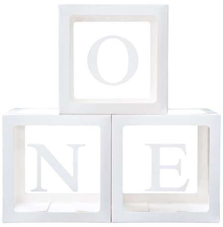 First Birthday Decoration for Baby Boy or Girl, Balloon 'ONE' Boxes for 1st Birthday, Clear Cube Blocks Party Decor With One Letters, 3 Pcs Balloon Boxes for Cake Smash Backdrop, Photoshoot Props