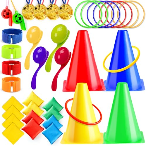 Chennyfun 42 Pcs 5 in 1 Anneaux Toss Jeu Set, Cônes de Circulation, Leg Straps, œuf et Cuillère, Anneaux Toss Bean Bags À Lancer pour Indoor Family, Outdoor Jeux, Journées Sportives, Jardin Party