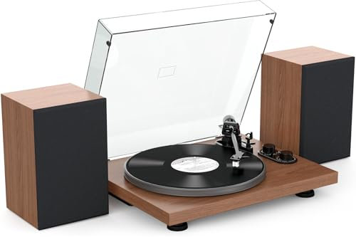Udreamer Record Player Turntable Hi-Fi System with 40W Bookshelf Speakers, Bluetooth with Aluminum platter, Built-in Phono Preamp, Belt Drive 2-Speed, Adjustable Counterweight, AT-3600L, Brown