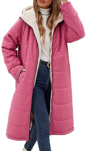 Tuopuda Winterjacke Damen Lang Warm Winter Stehkrage Teddyjacke Wasserdicht Reversibel Sherpa Daunenjacke Winddichter Daunenmantel Parka Pufferjacken Herbst Winter Geschenk für Frauen, Rosa, L