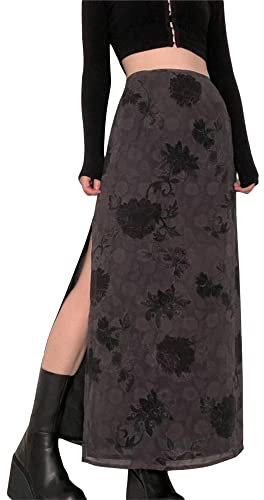 Fiacafyo Women Y2K High Waist Long Midi Skirt Summer Goth Maxi Long Pencil Skirts Summer Maxi Fairy Grunge Goth Aesthetic Long Skirts (J-Gray, M)