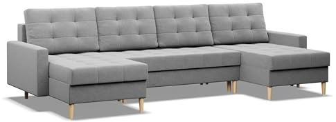 Mebligo - Ecksofa mit Schlaffunktion und 3 Bettkasten ELMA 294x92x140 (BxHxT) Grau - Couch U Form, U Sofa Wohnzimmer Sitz mit Bonellfedern, Sofas & Couches, Eckcouch, Eckschlafsofa