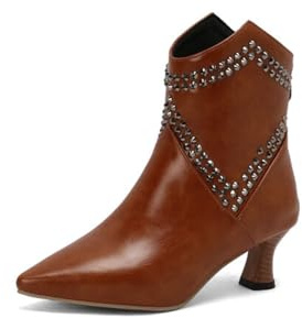 Stivaletti Donna Borchiati Punta A Punta Tomaia in PU Resistente Materiali Multipli Tacco Basso Slip on Zip Laterale Scarpe Eleganti da Festa,Marrone,35 EU