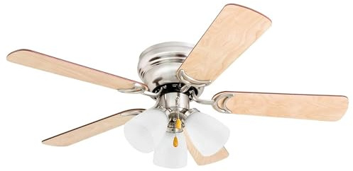 Prominence Home Whitley, 42 Inch Traditional Flush Mount Indoor LED Ceiling Fan with Light, Pull Chain, 5 Dual Finish Blades, Reversible Motor - 50863-01 (Satin Nickel), Bright Brass