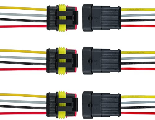 QitinDasen 3 Set 4 Stift Bil Vattentät Elektrisk Kontakter, Förseglad Vattentät Elektrisk Kontakt Plugg Uttag Kit med 16 AWG Förkopplade, för Bil Lastbil Båt