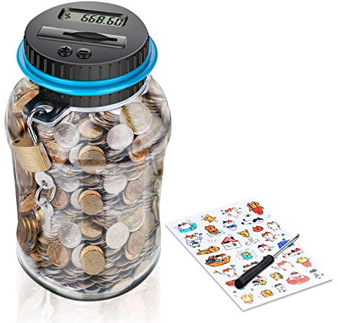 MOMMED Elektronische Sparbüchse, digital, Euro-Zähler, automatisch, Münzgeld-Box für Kinder und Erwachsene, 1,8 l Spardose mit LCD-Display, Spardose, großes Geschenk