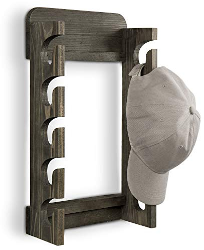 MyGift Hat Organizer for Baseball Caps, Wooden Vertical Hat Rack Wall Mounted with 10 Hooks, Rustic Gray Solid Wood Hanging Hat and Garment Holder