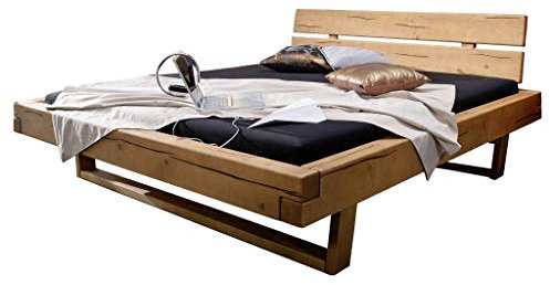SAM Balkenbett Bojan 160x200cm, Fichte honigfarben, Holzbett massiv, gebeizt + geölt, geteiltes Kopfteil