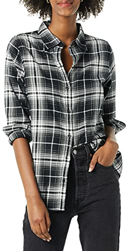 Amazon Essentials Camicia da donna in flanella a quadri leggera a maniche lunghe, vestibilità classica, a quadri grandi, nero bianco, M