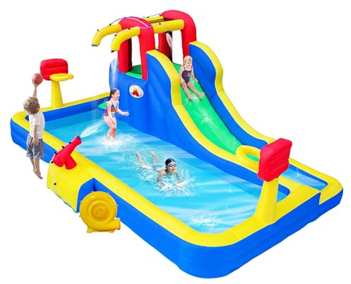 WELLFUNTIME Inflatable Water Park with Blower, Bouncy Castle with Water Cannon and Double Basketball Rings