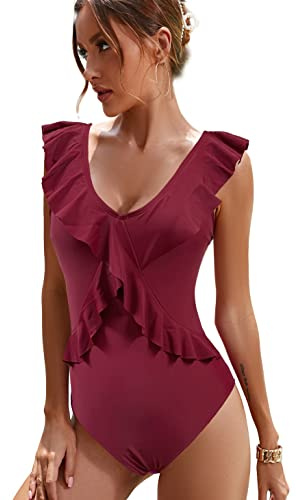 JFAN Trajes de Baño de Una Pieza para Mujer Monokini Ropa de Baño Cuello en V Floral Volantes Traje de Una Pieza Bikini Bañadore Set Rojo Vino,L