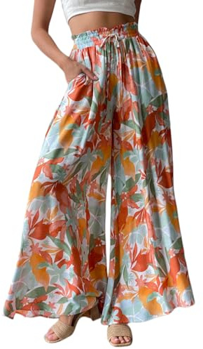 YOCUR Summer Beach Vacation Pants High Waisted Wide Leg Pants for Women Printed Loose Flowy Palazzo Lounge Trousers Orange L