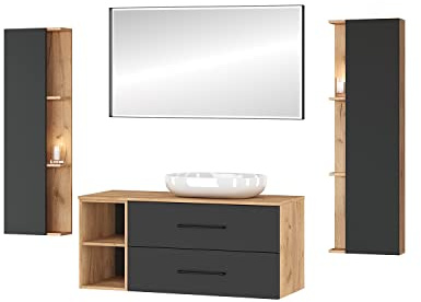 Planetmöbel Juego completo de muebles de baño de 4 piezas de 120 cm con lavabo y 2 armarios laterales, color roble oro/antracita