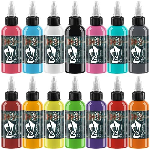 Encre tatouage, Encre tatouage professionnel, SNDE Kit d'encre de tatouage 14 Bold Colors Pigment 1 oz (30 ml) pour des résultats durables et vifs pour les professionnels et les amateurs