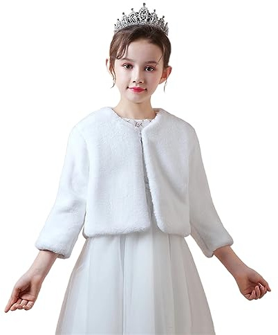 BESTORI Princesa de Capa Niña Cárdigan Chal de Piel Sintética Bolero Invierno para Boda Fiesta Blanco, 8-9 años