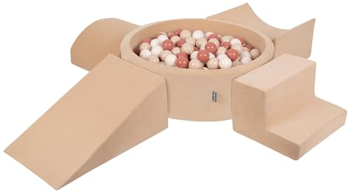 KiddyMoon Spielplatz Velvet Aus Schaumstoff Mit Samt Rund Bällebad (200 Bälle) + Version 5 Ballgruben Für Babys Spielbad, Sandbeige:Pastellbeige/Lachsfarben/Weiß