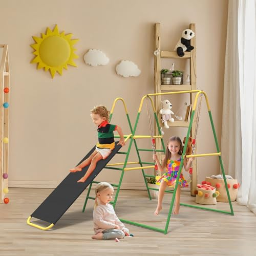 G TALECO GEAR 3-in-1 Klettergerüst mit Rutsche und Schaukel, Outdoor und Indoor für Kinder ab 1 Jahr, Modern Rustic, Gelb