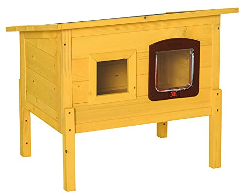 PawHut - Casa para gatos de madera, casa para mascotas, techo resistente al agua con puerta y ventana, patas desmontables, color amarillo