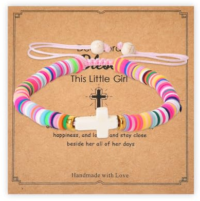 Christian Baptism Gifts for Girls First Communion Christening Gift for Goddaughter Clay Beads Bracelet for Women Birthday Presents for Daughter Granddaughter Bless This Little Girl Bracelet