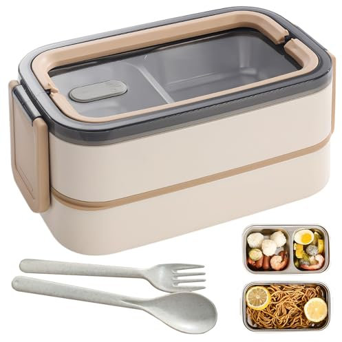 WIYETY Bento Boîte à déjeuner à 2 étages avec compartiments : boîte à déjeuner pour adulte en acier inoxydable de qualité supérieure, sans BPA, avec couverts, idéale pour les déplacements, passe au