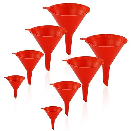Set di 8 imbuti in plastica, filtro a collo largo, imbuto per cucina, bottiglie, cucina, laboratorio (rosso)