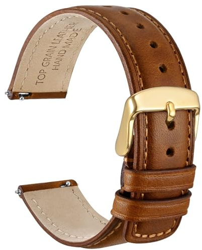 WOCCI 22mm Correa de Reloj para Hombre y Mujer, Cuero Genuino - Cuero de Grano Superior, Cierre Rápido, Hebilla Dorada (Marrón Dorado)