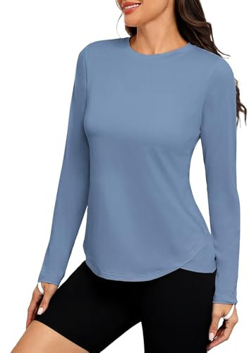 PINSPARK Sportshirt Damen Langarm Rashguards UPF 50+ Uv-Schutz Shirt Sommer Sonnenschutz Shirt Rundhalsausschnitt Laufshirt Draussen Gym Trekking Funktionsshirt Oasis Blau l