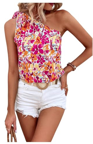 Verdusa Women's Floral Boho Blouse Vacation Summer Bow Tie One Shoulder Tops Multicolor Small