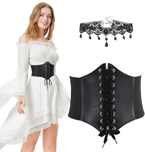 KOQAIIZ Cinturón Corset Mujer Ancho Retro con Choker Collar para Halloween Fiesta Vestido Ropa