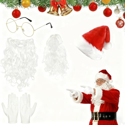 Smdbzda Barba e Parrucca di Babbo Natale, 5 Pezzi Accessori Babbo Natale, Parrucca Babbo Natale, Barba di Babbo Natale, Cappelli da Babbo Natales, Guanti, Occhiali, per Prestazioni Natalizie Costume