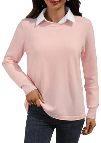 AMZANGEL Women's Merino Wool Sweater 100% Wool Pullover Crewneck Long Sleeve Knitted Banded Hem Sweater Pink