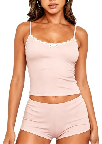 Dressmine Lace Women's Pyjama Sets Adjustable Cami Shorts Pjs Crop Slim Fit Y2K Soft Cute Loungewear Sleepwear