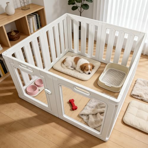 NArra Acrylic Indoor Dog Playpen,60cm High 8 Panels DIY Pet Pen Fence | Heavy Duty Door Lock Puppy Playpen,Easy Assemble and Clean Plastic Pet Fence for Puppies,Small,Medium Dog,White