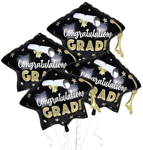Globos de Graduación, 4pcs Globo de Aluminio de Graduación, Globos Fiesta de Graduacións, Fiesta de Graduacións Globo de Foil, Decoración de Fiestas de Graduaciónss (Negro A)