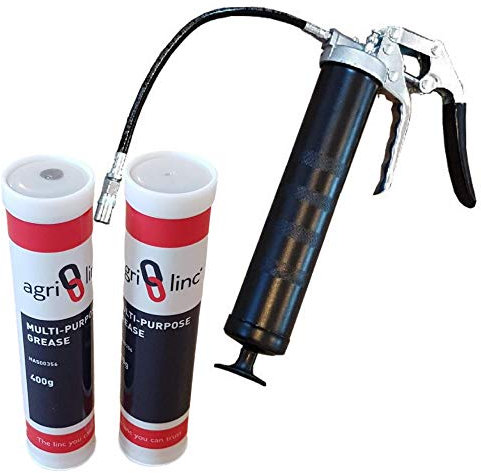 Pistol Grip Grease Gun With 2 Grease Cartridges Bundle Offer, Professional Pistol Grease Gun with Flexible Hose and Coupler, EP2 Lithium-based Grease, 2 qty 400g/14oz Cartridges, by Agri-Linc