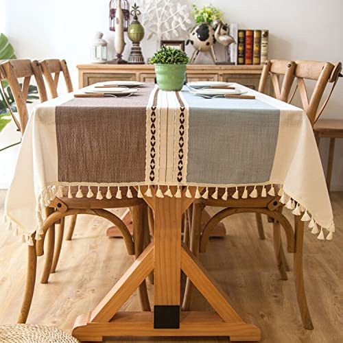 Lifetooler Tovaglia Rettangolare in Cotone e Lino Tovaglia Antimacchia con Nappe Copritavolo Moderno Elegante per Decorativa Cucina Tavolo da Esterno(Blu-caffè,140x140cm)