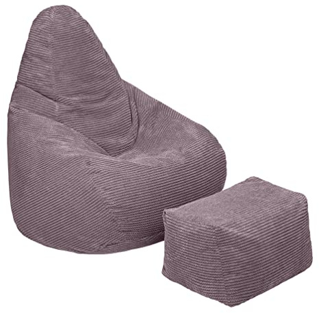 Loft 25 Adult Highback Bean Bag Chair | Corduroy Fabric Indoor Living Room Gaming Beanbag Lounger | Internal Liner | Ergonomic Design for Body Support (Bean Bag + Footstool, Mink)