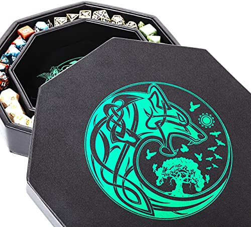 DND-Würfelablage – Premium 20,3 cm Würfelablage Dungeons and Dragons – Exquisit detailliertes grünes Weltenbaum & Wolf Raben-Design – perfektes Rollenspiel für Rollenspiele mit D&D-Würfelbox zum