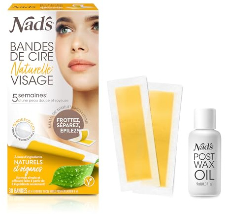 Nad's Bandes de Cire Froide Visage - Épilation Faciale Femme - 30 Bandes Vegan pour Lèvre Supérieure, Menton, Duvet - Cire Naturelle et Hypoallergénique avec Lingette Post-Épilation