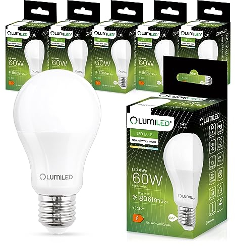 Lumiled A60 E27 LED Lampe, 8W (ersetzt 60W), 806 Lumen Leuchtmittel, 4000K Neutralweiß Birnen Lampen, Nicht Dimmbar, 260° Grad Strahlwinkel Glühbirne 6er-Pack Energiesparlampe Tropfen