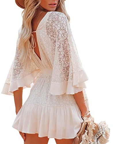 Geagodelia Abito in Pizzo da Donna Scava Fuori Scollo a V Senza Schienale Abito Bianco da Spiaggia per Le Vacanze Manica Corta 1/2 Sexy， Bianco, L