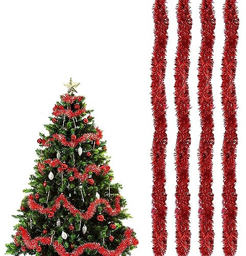 Espumillon Arbol Navidad (4 Pcs, 8M) Guirnalda de Oropel Navidad Roja, Espumillón Metálica Brillante y Esponjosa, Guirnalda Navideña de Oropel para Decoración de Fiestas y Hogar
