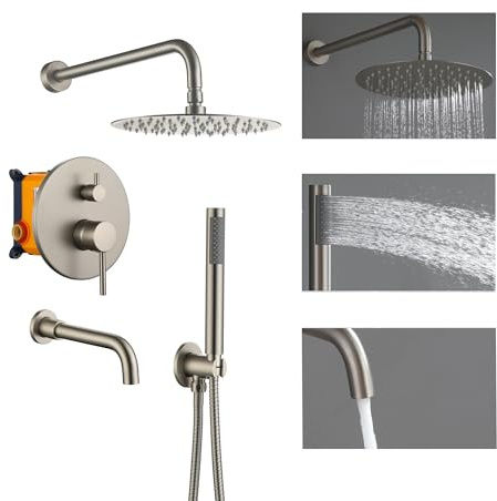 Clihome 10 Inch Shower System Set with Tub Spout Rainfall Shower Head System with Handheld Shower Head, Square Fixed Shower Head, Rough-in Valve Body, Trim Kit, Brushed Nickle