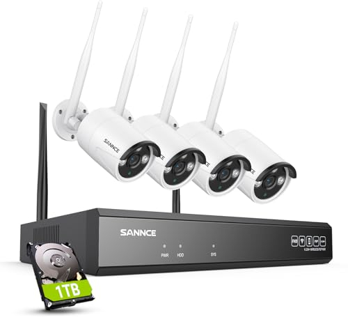 SANNCE Überwachungskamera Set Aussen mit 4 X 5MP, 10CH NVR Kabellose Überwachungssystem, AI Human Detection, IP66 Wasserdicht, Unterstützt Alexa, Zwei-Weg-Audio, 1TB Festplatte