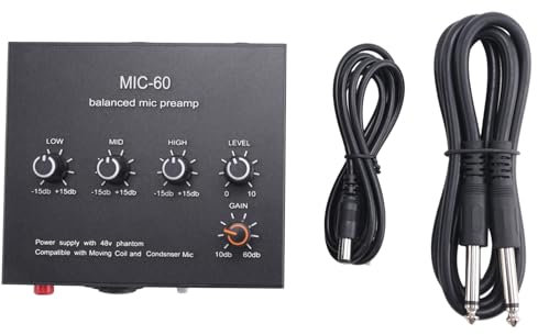 Desikixudy MIC-60 3-Band Equalizer Balanced Mic Preamp Microphone Preamplifier with DC Cable and 6.5mm Cable Durable