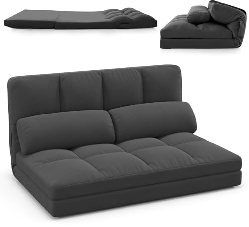 COSTWAY Klappbares Bodensofa, 3 in 1 Schlafsofa mit Schlaffunktion und Verstellbarer Rückenlehne, Sofabett mit 2 Kissen, Klappsofa für Wohnzimmer und Schlafzimmer (Dunkelgrau)