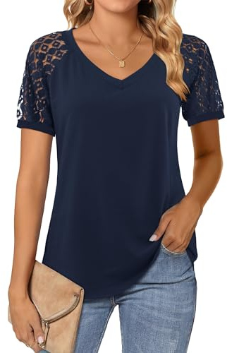 Beluring Womens Lace Long Sleeve Tops Plain V Neck T Shirts Loose Casual Blouse Dressy Tunic Shirt