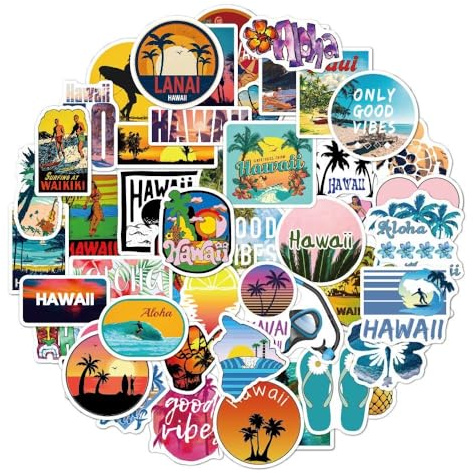 Hawaii Pegatinas Surf 50 Piezas Impermeable Vinilo Pegatinas para Monopatín Ordenador Portátil Moto Bicicleta Taza Botellas de Agua Maletas Casco para Adolescentes,Niños y Niñas